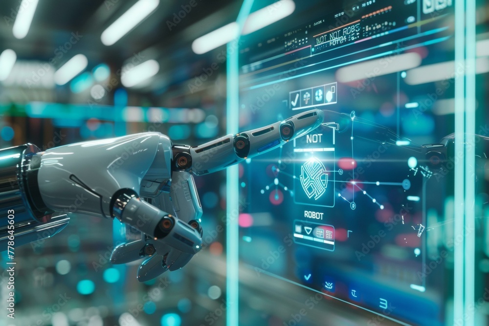 Poster a robotic hand touching a screen with futuristic technology. generative ai.