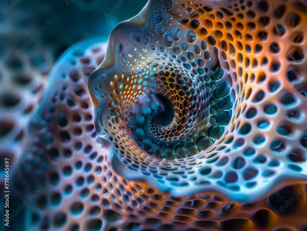 Poster a close up of a spiral shaped object with holes in it. generative ai.