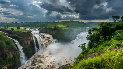 Dramatic shot of waterfall with cloudy clouds