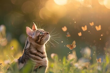 A cat looking up at butterflies in the air. Generative AI.