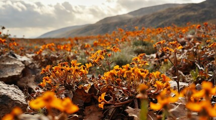 Beautiful orange flowers in the autumn forest. Shallow depth of field. - obrazy, fototapety, plakaty