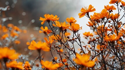 Beautiful orange flowers in the autumn forest. Shallow depth of field. - obrazy, fototapety, plakaty