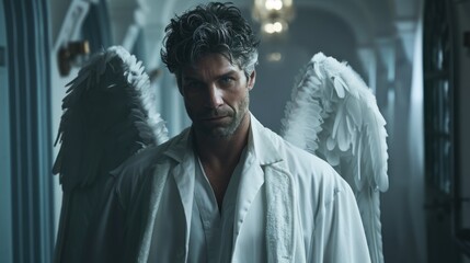 Doctor with angel wings in a white coat. Guardian angel concept. Hero saves lives. Brave courageous man. Medicine uniform. Hospital background.