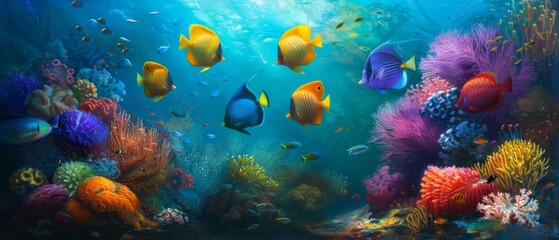 Fototapeta na wymiar An underwater scene with many colorful fish swimming around. Generative AI.