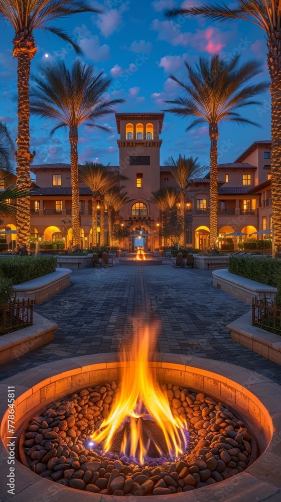 Poster a fire pit in the middle of a with palm trees. generative ai.