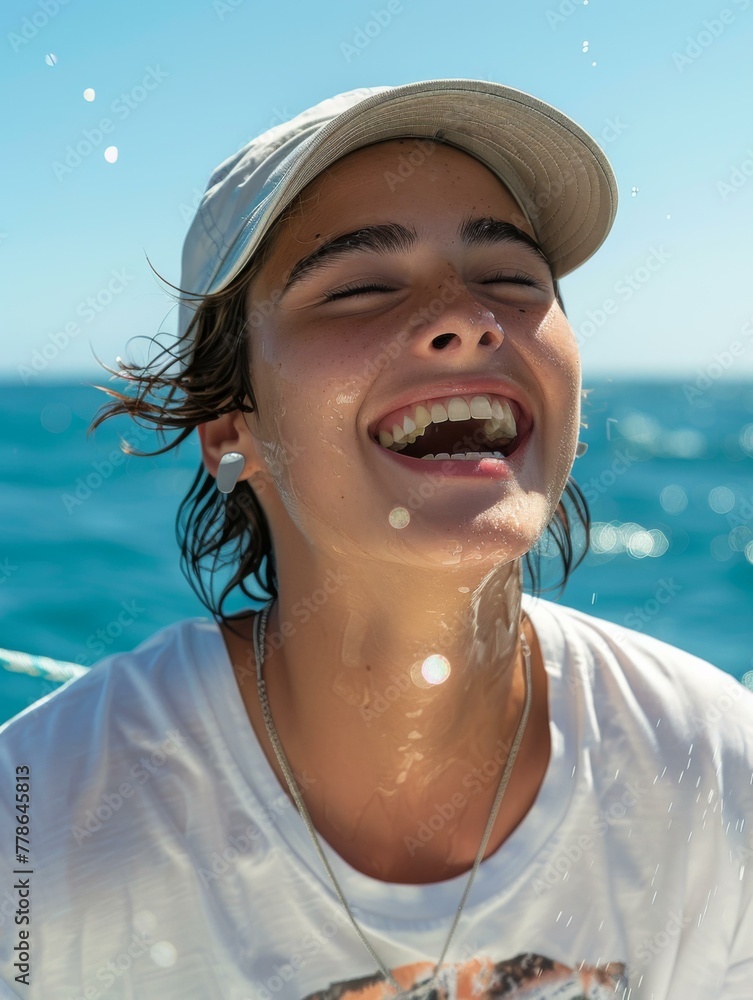 Poster a man with a hat on laughing while sitting in the water. generative ai.