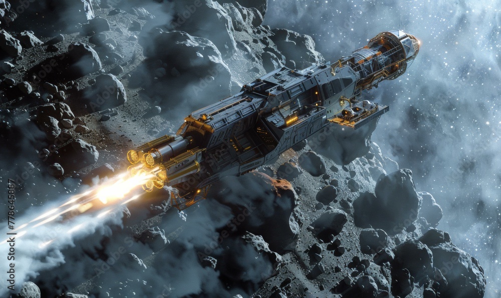 Poster a spaceship is flying through space with a rocket on it. generative ai.