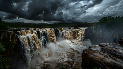 Dramatic shot of waterfall with stormy clouds and weather