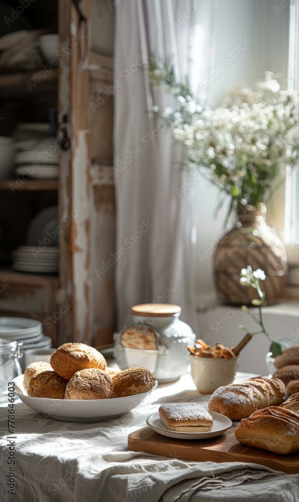 Poster a table with a variety of pastries and breads on it. generative ai.