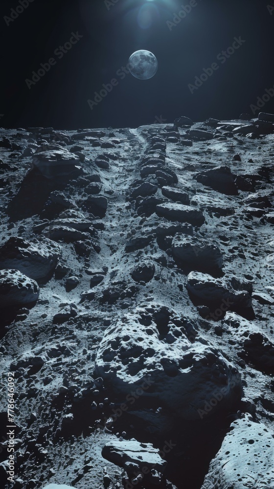 Poster a view of the moon from a distance with an earth in the background. generative ai.