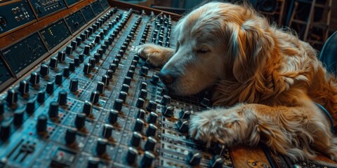 A dog laying on top of a mixing board with headphones. Generative AI.