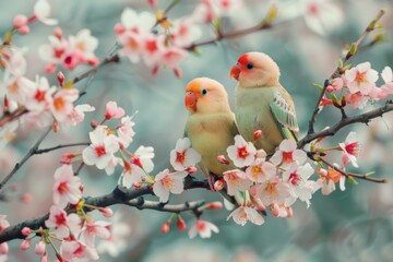 Two birds are sitting on a branch of flowers with pink blossoms. Generative AI.