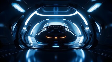 Futuristic Spaceship Interior Immersed in Glowing White and Blue Lights Showcasing Cutting Edge Technology and Concepts