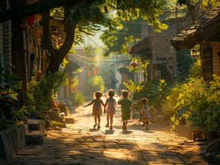 A group of three children walking down a cobblestone street. Generative AI.
