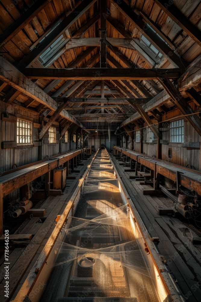 Poster a long wooden table with a bunch of windows in it. generative ai.