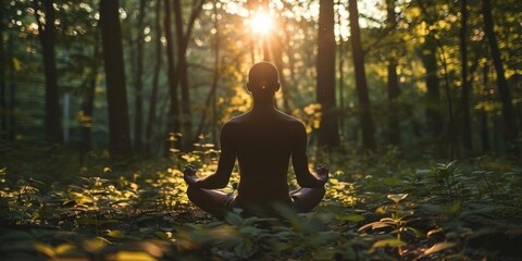 A person meditating in the woods at sunset. Generative AI.