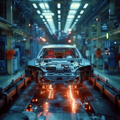 A car is being built on a factory floor with lights. Generative AI.