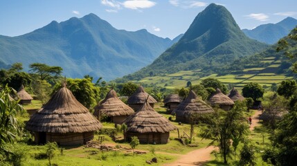 An ancient village of cone-shaped thatched houses  - obrazy, fototapety, plakaty