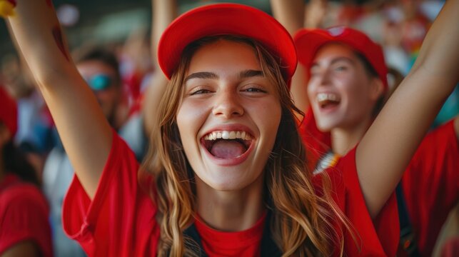 Red sports fans scream as they support their team from the stadium. Football supporters having fun at the event Champion and Victory Concept - Powered by Adobe