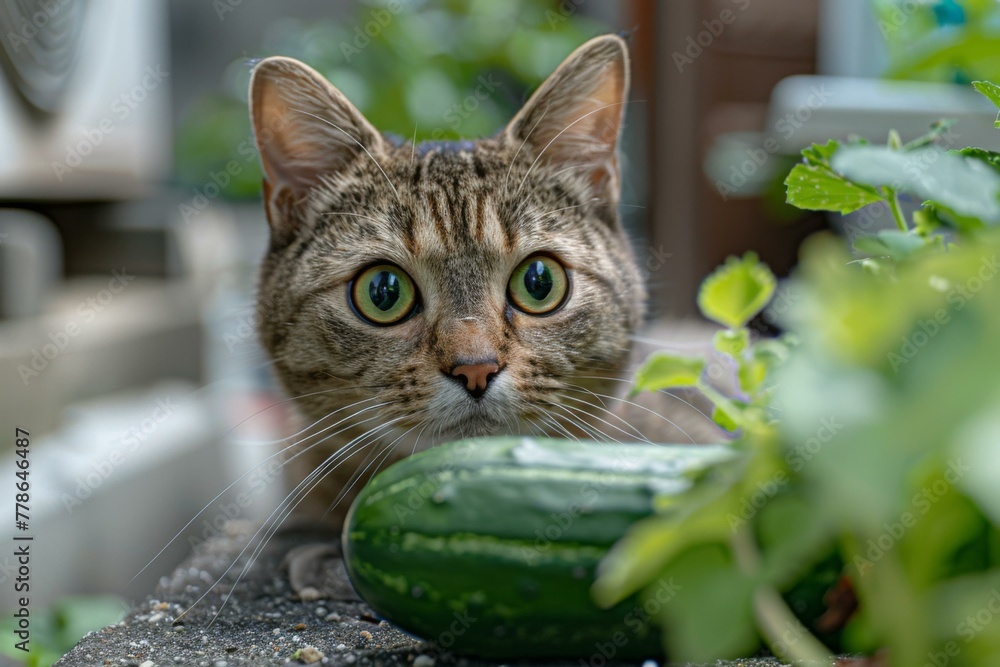 Poster a cat looking at a cucumber with its eyes wide open. generative ai.