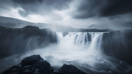 Dramatic shot of waterfall with stormy clouds and weather