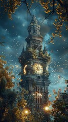 Fototapeta premium Enchanted Clock Tower Amidst Autumn Foliage