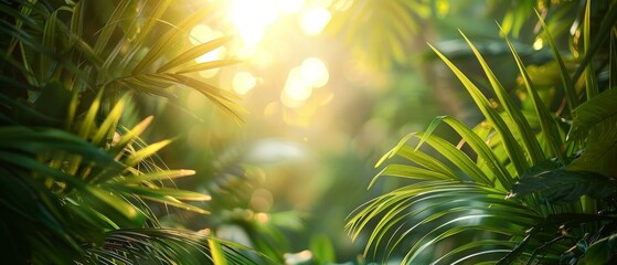 A jungle scene with sunlight shining through the trees. Generative AI.