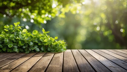 Verdant Veranda: Wooden Deck Surrounded by Green Shrubs and Sunlit Bokeh