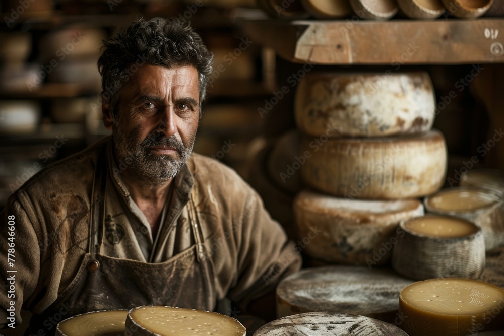 Poster a man sitting in front of a table full of cheese. generative ai.