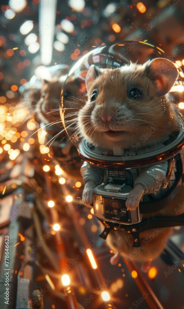 Poster a group of hamsters in space suits with lights around them. generative ai.