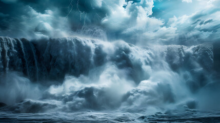 Dramatic shot of waterfall with stormy clouds and weather