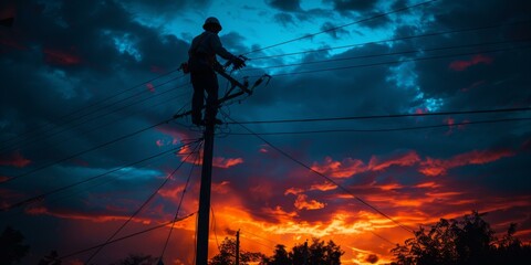 A man on a power pole with the sunset behind him. Generative AI.