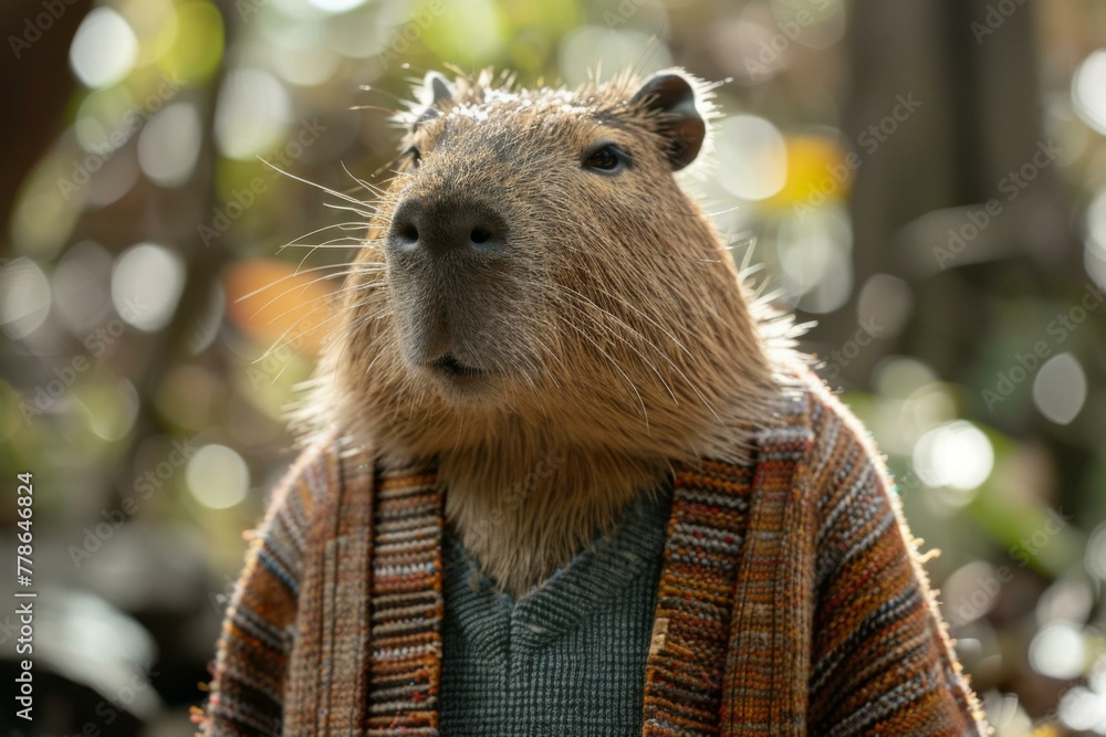Poster a capybara wearing a sweater and standing in front of trees. generative ai.