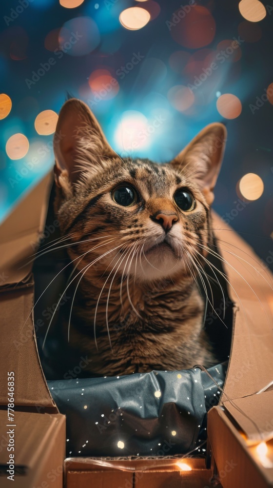 Poster a cat sitting in a cardboard box with lights shining on it. generative ai.
