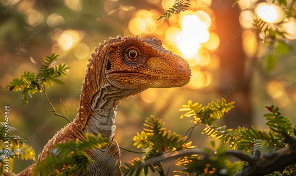 Poster a close up of a dinosaur looking out from behind some trees. generative ai.