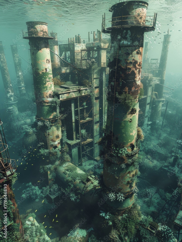 Poster view of a large abandoned factory underwater with many plants. generative ai.
