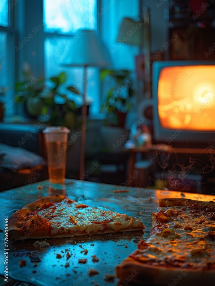 Poster two slices of pizza on a table with beer in front. generative ai.