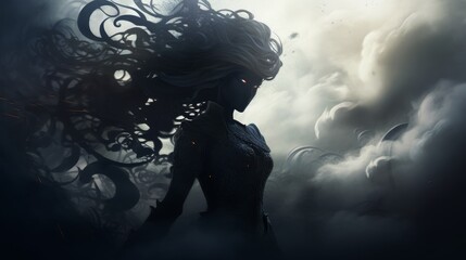 An ethereal silhouette of a helmeted character amidst swirling