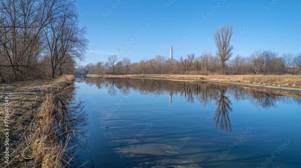 Poster a river with a small bridge and trees in the background. generative ai.