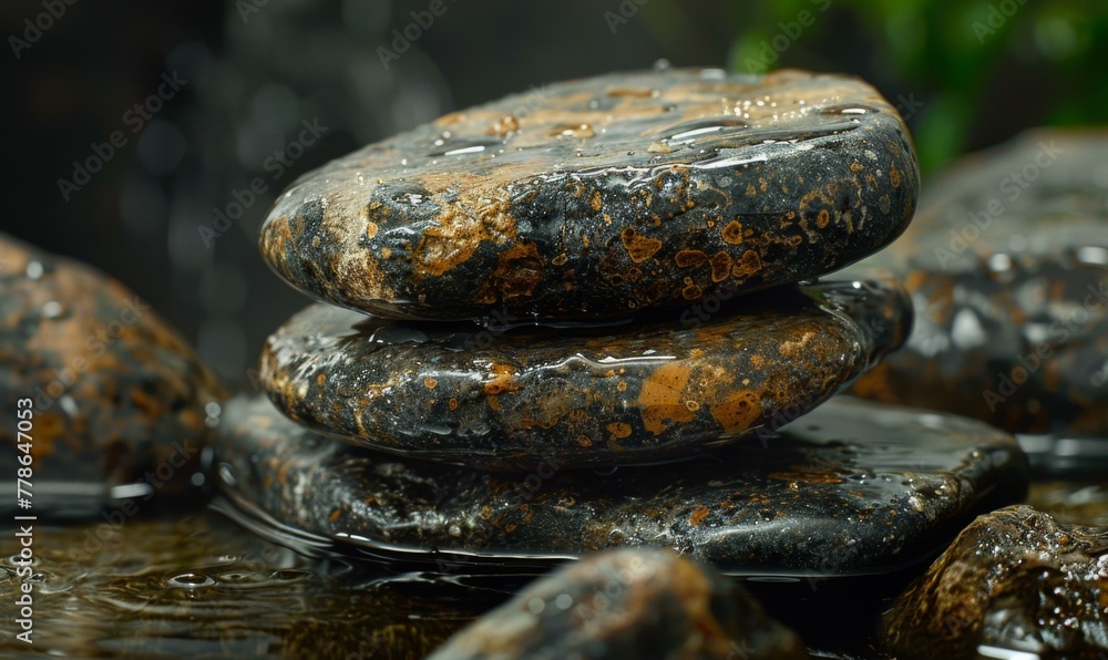 Poster a stack of rocks sitting on top of a stream with water. generative ai.
