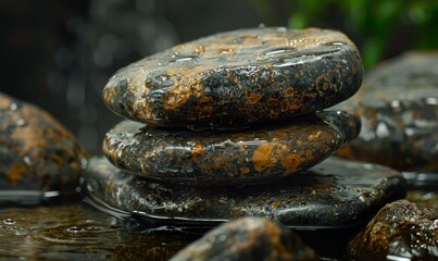 A stack of rocks sitting on top of a stream with water. Generative AI.