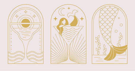 Set of modern line art summer icons with mermaid and cocktail. Set of summer posters. Vector illustration © annbozhko