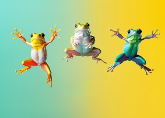 Three frogs are jumping in the air on a colorful background. Generative AI.
