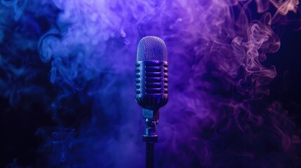 Fine-tune the lighting to illuminate the microphone and highlight its textures while maintaining the ethereal quality of the colorful smoke.  - obrazy, fototapety, plakaty