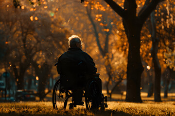 A silhouette of a senior man sitting on a wheelchair alone in a park