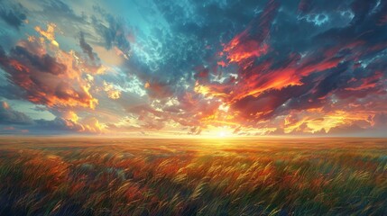 Fototapeta premium Dramatic Sunset Over Wind-Swept Golden Field