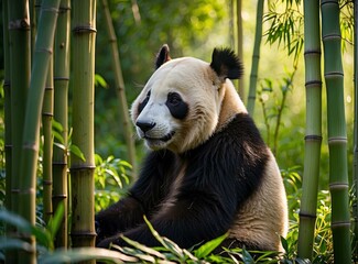 A panda bear sitting in the middle of a bamboo forest. Generative AI.