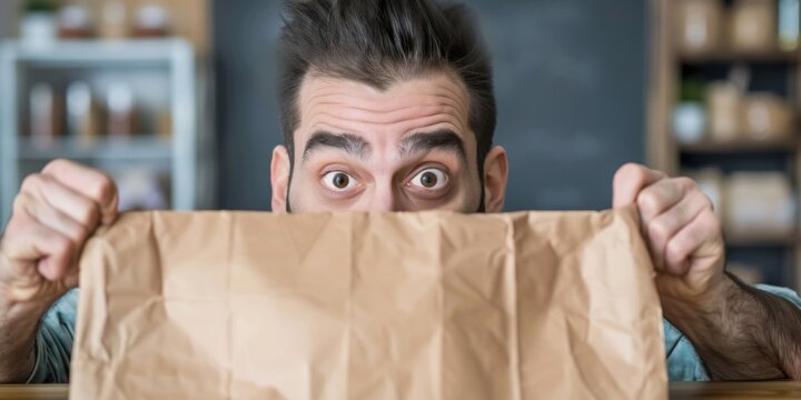 A man holding a brown paper bag over his face