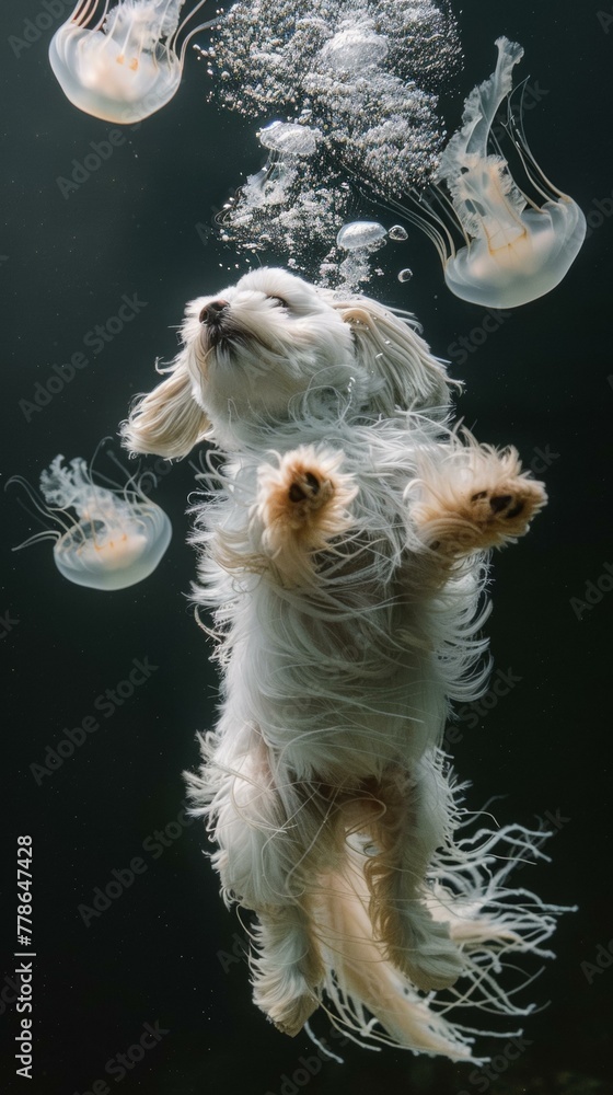 Poster a dog swimming in a pool with jellyfish floating around him. generative ai.