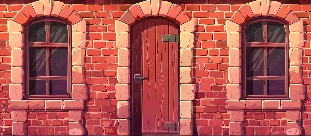 Canvas Prints a building made of brick with arched windows and a red door, showcasing intricate brickwork and a ch